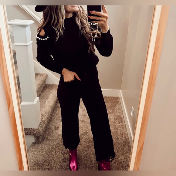 Soft Sweater Black Ribbed White Faux Pearls Cold Shoulder Aiblee S - Picture 2 of 14